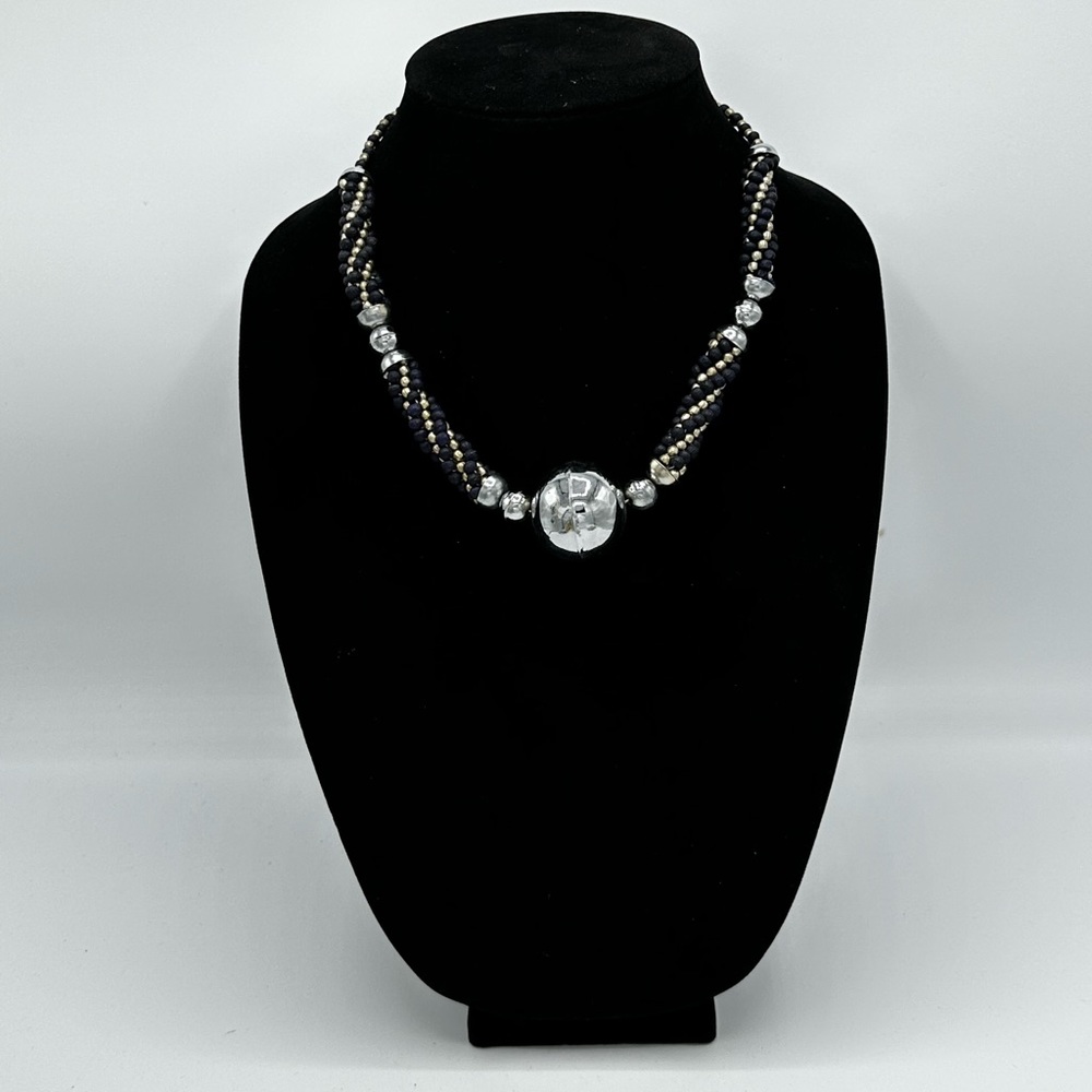 Vintage 60s Indian twist black and metal beaded
Kumihimo Necklace 20in